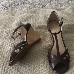 Brown Loft shoes with a rattan heel.